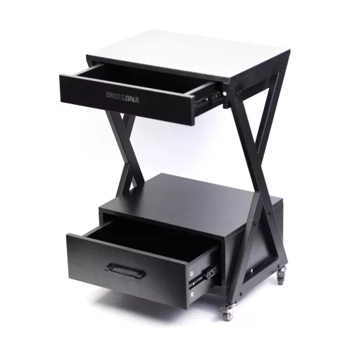 2 fiókos tetováló munkaállomás (X-vázas, görgős eszköztartó kocsi)